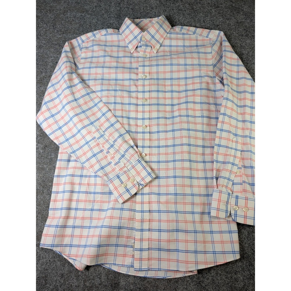 Stafford Travel Wrinkle Free Oxford Shirt Mens 15 32-33 Plaid Blue Coral Stretch